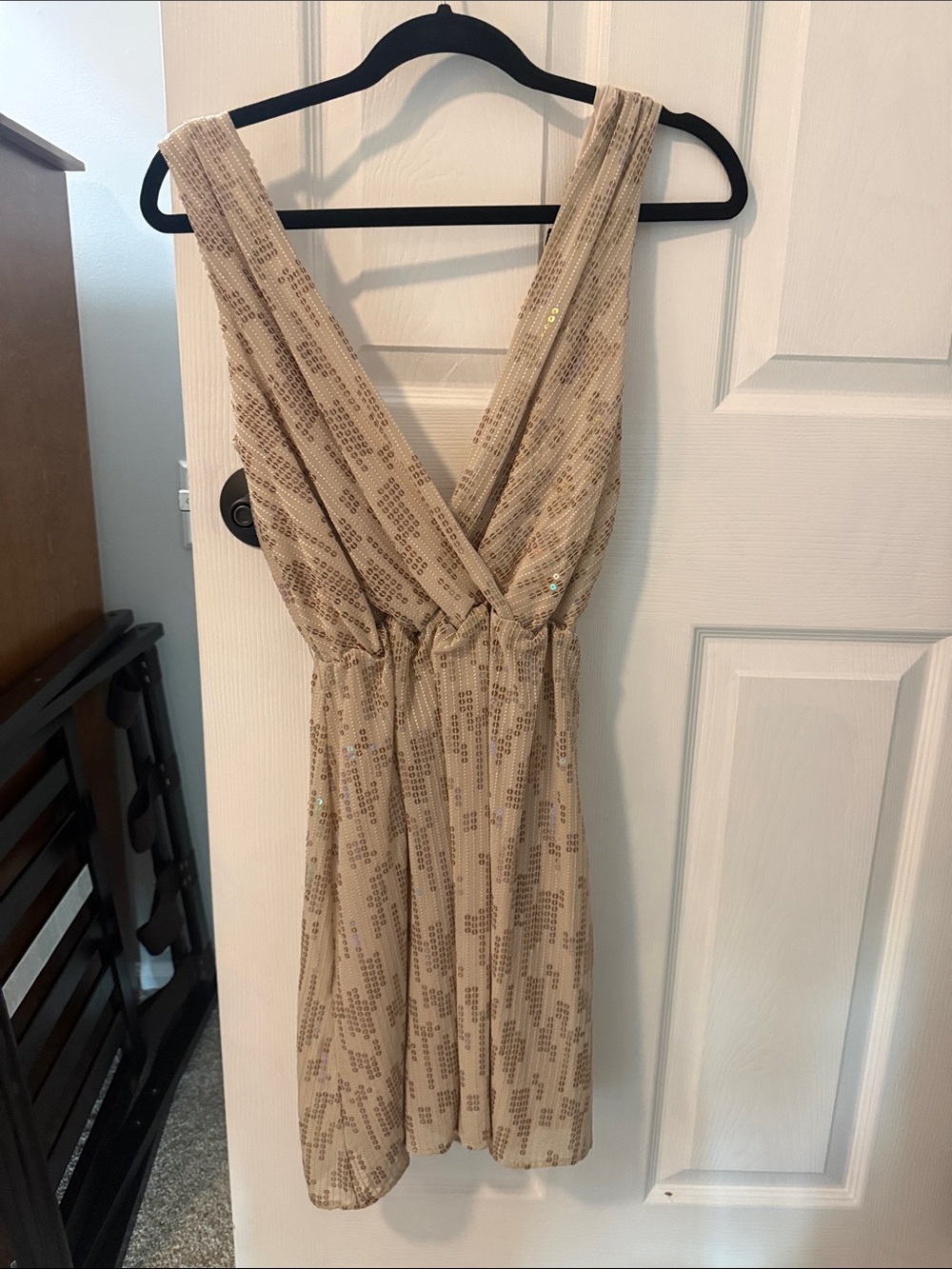 Express Beige Sequin V-Neck Mini Dress